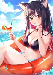 Rule 34 | 1girl, absurdres, animal ear fluff, animal ears, arknights, bare arms, bare shoulders, bikini, black bikini, black choker, blue sky, blush, breasts, choker, cleavage, collarbone, cup, day, drinking straw, earrings, feet out of frame, food, fruit, hand on own face, highres, holding, holding cup, innertube, jewelry, knees up, lens flare, long hair, looking at viewer, medium breasts, multicolored hair, myowa, navel, ocean, orange (fruit), orange slice, parted lips, partially submerged, red eyes, red hair, sitting, sky, solo, swim ring, swimsuit, texas (arknights), two-tone hair, very long hair, water, wolf ears