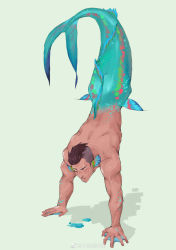 Rule 34 | 1boy, absurdres, back, bara, brown hair, completely nude, fins, full body, green background, handstand, head fins, highres, long sideburns, male focus, mature male, merman, monster boy, muscular, muscular male, nude, original, shadow, short hair, sideburns, simple background, solo, undercut, upside-down, wet, white background, xiaolumiaoliya