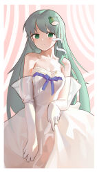 Rule 34 | 1girl, absurdres, bare shoulders, blush, breasts, cleavage, closed mouth, collarbone, cowboy shot, dress, elbow gloves, frog hair ornament, gloves, green eyes, green hair, hair ornament, highres, kochiya sanae, long hair, longwatry, single sidelock, skirt hold, smile, snake hair ornament, solo, strapless, strapless dress, touhou, white dress, white gloves