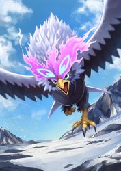 Rule 34 | bird, blue eyes, cloud, commentary request, creatures (company), day, flying, game freak, highres, hisuian braviary, hisuian form, nintendo, no humans, open mouth, outdoors, pokemon, pokemon (creature), sky, snow, solo, talons, tesshii (riza4828), tongue, white fur