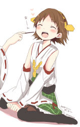 Rule 34 | 10s, 2013, 2girls, ^ ^, bad id, bad pixiv id, blush, brown hair, closed eyes, dated, detached sleeves, feeding, food, hagino makoto, heart, hiei (kancolle), kantai collection, kongou (kancolle), multiple girls, nontraditional miko, open mouth, out of frame, pantyhose, petticoat, plaid, plaid skirt, pocky, ribbon-trimmed sleeves, ribbon trim, sash, short hair, siblings, signature, simple background, sisters, sitting, skirt, solo focus, v arms, wariza