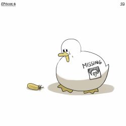 Rule 34 | bird, body writing, commentary, diva (hyxpk), duck, english commentary, feathers, highres, missing poster, no humans, numbered, original, page number, simple background, sweat, white background, yellow feathers