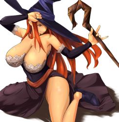 Rule 34 | 1girl, bad id, bad pixiv id, bare shoulders, breasts, brown eyes, brown hair, cleavage, curvy, detached sleeves, dragon&#039;s crown, dress, hat, hawoku ishibare, huge breasts, legs, long hair, on ground, orange hair, simple background, sitting, solo, sorceress (dragon&#039;s crown), spread legs, staff, strapless, strapless dress, vanillaware, weapon, witch, witch hat
