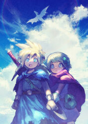 Rule 34 | 1boy, 1girl, belt, blonde hair, blue cloak, blue eyes, blue sky, bow, bracelet, brother and sister, cape, child, cloak, cloud, cloudy sky, cowboy shot, day, dragon, dragon quest, dragon quest v, dress, gloves, green bow, hair bow, hero&#039;s daughter (dq5), hero&#039;s son (dq5), holding hands, jewelry, long hair, low ponytail, open mouth, outdoors, parted lips, pink cloak, purple cloak, short hair, siblings, sky, spiked hair, sword, teeth, torn clothes, tunic, twins, upper teeth only, weapon, weapon on back, white gloves, yuza