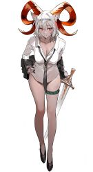 Rule 34 | animal ears, arknights, black necktie, breasts, carnelian (arknights), dark-skinned female, dark skin, fingernails, goat ears, goat horns, hand on own hip, highres, holding, holding sword, holding weapon, horns, jacket, looking at viewer, medium breasts, muaooooo, necktie, no pants, off shoulder, open clothes, open jacket, red eyes, sharp fingernails, shirt, short hair, sword, thigh strap, weapon, white background, white hair, white shirt