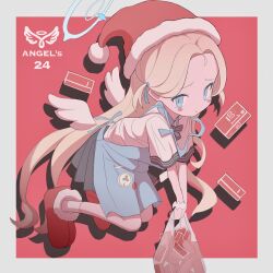 Rule 34 | 1girl, apron, atat250, bag, blonde hair, blue archive, blue eyes, blush stickers, bow, bowtie, collared shirt, condom box, detached wings, flying, halo, hat, highres, holding, holding bag, long hair, looking at viewer, plastic bag, santa hat, scrunchie, shirt, short sleeves, socks, solo, sora (blue archive), two side up, very long hair, white shirt, white socks, wings, wrist scrunchie