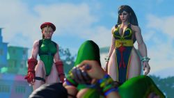 Rule 34 | 3d, 3girls, alternate costume, beret, breasts, cammy white, capcom, chun-li, cleavage, curvy, female focus, gauntlets, hat, highres, large breasts, laura matsuda, leotard, multiple girls, muscular, nature, outdoors, plant, screencap, sky, street fighter, street fighter v, thick thighs, thighs