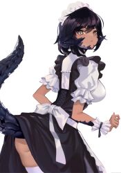 Rule 34 | 1girl, ass peek, au ra, black dress, black hair, breasts, cyobiro, dragon girl, dragon horns, dragon tail, dress, final fantasy, final fantasy xiv, from behind, horns, large breasts, looking at viewer, looking back, maid, maid headdress, scales, short hair, solo, tail, thighhighs, white thighhighs, wrist cuffs, yellow eyes