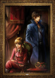 Rule 34 | 2boys, anchor, androgynous, ascot, belt, blonde hair, brown eyes, crossed legs, curtains, ekusa takahito, flower, framed, hands in pockets, highres, jewelry, long hair, looking at viewer, multicolored hair, multiple boys, necklace, official art, painting (object), portrait, portrait (object), ring, rose, sitting, smile, streaked hair, throne, two-tone hair, umineko no naku koro ni, ushiromiya lion, willard h. wright, yellow eyes