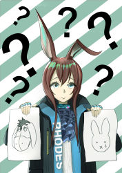 Rule 34 | 1girl, ?, absurdres, amiya (arknights), animal ears, arknights, ascot, bad id, bad pixiv id, black jacket, blue ascot, blue eyes, brown hair, chef (chef dominic), commentary, diagonal stripes, eeyore, green background, hair between eyes, hands up, highres, holding, holding paper, jacket, jewelry, long hair, looking at viewer, neck ring, open clothes, open jacket, paper, rabbit ears, ring, shirt, solo, striped, striped background, upper body, white background, white shirt, winnie the pooh
