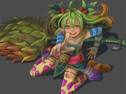 Rule 34 | 1girl, ahoge, brown eyes, dark skin, earrings, falcom, green hair, hair ornament, jewelry, long hair, multicolored hair, necklace, open mouth, ricotta (ys), shoes, thighhighs, weapon, ys, ys viii lacrimosa of dana