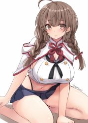 Rule 34 | 1girl, ahoge, arm between legs, bare legs, barefoot, blue sailor collar, blunt bangs, braid, breasts, brown eyes, brown hair, buttons, cleavage, closed mouth, commentary request, cosplay, double-breasted, feet, hair ribbon, highleg, highleg panties, kantai collection, large breasts, light smile, looking at viewer, panties, ribbon, sailor collar, school uniform, serafuku, shimakaze (kancolle), shimakaze (kancolle) (cosplay), shinshuu maru (kancolle), shirt, simple background, sitting, solo, takase muh, thighs, twin braids, twitter username, underwear, wariza, white background, white shirt