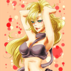 Rule 34 | 1990s (style), 1girl, armpits, arms up, ayla (chrono trigger), blonde hair, chrono (series), chrono trigger, green eyes, long hair, lowres, midriff, navel, scarf, solo, stomach, strapless, tube top, very long hair, wavy hair