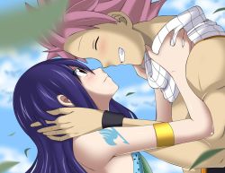 Rule 34 | 1boy, 1girl, age difference, armband, blue hair, blush, brown eyes, couple, dmayaichi, fairy tail, fang, leaves, long hair, natsu dragneel, pink hair, scarf, short hair, simple background, size difference, sky, smile, wendy marvell