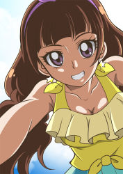 Rule 34 | 1girl, :d, amanogawa kirara, backlighting, bare shoulders, blush, breasts, brown hair, cleavage, collarbone, earrings, go! princess precure, hairband, hanzou, jewelry, long hair, looking at viewer, open mouth, precure, purple eyes, sky, smile, solo, star (symbol), star earrings, teeth, twintails, upper body