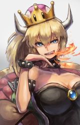 Rule 34 | 1girl, blonde hair, blue eyes, bowsette, breasts, breath weapon, breathing fire, chair, cleavage, crown, evil smile, fang, fire, head rest, highres, horns, kuroi susumu, looking at viewer, mario (series), new super mario bros. u deluxe, nintendo, ponytail, sitting, slit pupils, smile, solo, super crown