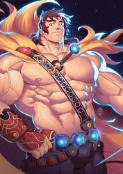 Rule 34 | 1boy, abs, bara, brown hair, commentary, fate/grand order, fate (series), highres, large pectorals, long hair, male focus, mature male, muscular, muscular male, pectorals, smile, solo, super orion (fate), thick eyebrows, xelgot