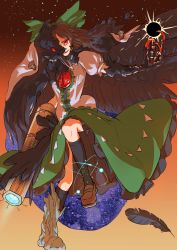 Rule 34 | 1girl, arm at side, arm cannon, bird, black socks, black sun, black wings, bow, breasts, brown footwear, brown hair, cape, claws, crow, feathered wings, feathers, fusion, gradient background, green bow, green skirt, hair bow, highres, kijima (amayadori-tei), kneehighs, light particles, long hair, looking at viewer, medium breasts, nail, orange background, outstretched arm, parted lips, red eyes, reiuji utsuho, shirt, shoes, skirt, socks, solo, sun, third eye, touhou, weapon, white shirt, wings