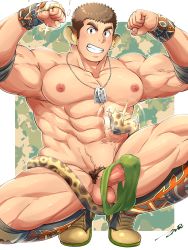 Rule 34 | 1boy, abs, animal ears, bara, biceps, blush, briefs, bulge, character request, dark-skinned male, dark skin, dog tags, erection, erection under clothes, flexing, green male underwear, highres, jaguar boy, jaguar ears, jaguar tail, large pectorals, long sideburns, looking at viewer, male focus, male pubic hair, male underwear, unworn male underwear, muscular, muscular male, navel, nipples, pectorals, penis, pubic hair, shoes, short hair, sideburns, solo, sparkle, squatting, stomach, tail, tepen (tptptpn), thick thighs, thighs, tokyo houkago summoners, underwear, unworn underwear, veins, wrestling outfit