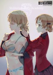 Rule 34 | 10s, 2girls, adjusting another&#039;s hair, artist name, backlighting, black bow, black skirt, blonde hair, blue bra, blue eyes, bow, bow bra, bra, braid, breasts, closed eyes, closed mouth, darjeeling (girls und panzer), emblem, english text, epaulettes, from side, garter belt, gekitotsu! joshikousei oiroke sensha gundan, girls und panzer, hair bow, jacket, konishi hiroshi, lace, lace-trimmed bra, lace trim, long sleeves, looking at another, medium breasts, military, military jacket, military uniform, multiple girls, navel, no panties, no pants, open clothes, open jacket, orange pekoe (girls und panzer), pleated skirt, red jacket, short hair, skirt, st. gloriana&#039;s (emblem), st. gloriana&#039;s military uniform, standing, twin braids, underwear, uniform, upper body
