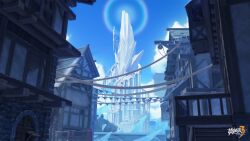 Rule 34 | blue sky, chinese commentary, crate, day, door, fence, highres, honkai (series), honkai impact 3rd, house, light rays, logo, official art, official wallpaper, outdoors, rooftop, sky, stairs, tower, town, window