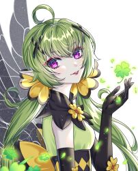 Rule 34 | 1girl, ahoge, back bow, black corset, black gloves, black wings, bow, clover, corset, dress, elbow gloves, fairy, fairy wings, four-leaf clover, from side, gloves, green dress, green hair, hair bow, hair ornament, hand up, highres, kumu zaisheng, lan (xiao huaxian), long hair, looking at viewer, looking to the side, low twintails, parted lips, purple eyes, smile, solo, twintails, upper body, white background, wings, x hair ornament, xiao huaxian, yellow bow