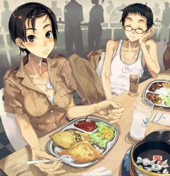 Rule 34 | 1boy, 1girl, blush, breasts, candy, chair, cleavage, closed eyes, cup, dog tags, eating, food, glasses, head rest, ketchup, large breasts, omelet, salad, sitting, spork, table, tray, zaimoku okiba
