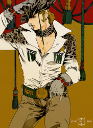 Rule 34 | 1boy, animal print, belt buckle, buckle, copyright name, cowboy hat, cowboy shot, gloves, grey gloves, hand on own head, hat, jojo no kimyou na bouken, leopard print, light brown hair, looking to the side, male focus, manly, mountain tim, shaapu, solo, star (symbol), steel ball run, tiger print