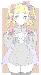 Rule 34 | 1girl, absurdres, bad id, bad twitter id, black thighhighs, blonde hair, blunt bangs, cape, closed mouth, copyright request, cowboy shot, donguri suzume, flower, grey cape, hair flower, hair ornament, hands up, highres, long sleeves, looking away, orange background, orange flower, purple flower, simple background, solo, standing, star-shaped pupils, star (symbol), symbol-shaped pupils, thigh gap, thighhighs, twintails