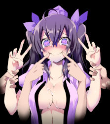 Rule 34 | 1girl, arm grab, blush, bow, breasts, cleavage, darkness, double v, fingersmile, forced smile, hair bow, hat, himekaidou hatate, imminent rape, large breasts, long hair, oota minoru, open clothes, open shirt, puffy short sleeves, puffy sleeves, purple eyes, purple hair, shirt, short sleeves, tears, tokin hat, touhou, upper body, v