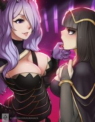 Rule 34 | 2girls, artist name, aurahack, between breasts, black hair, breasts, camilla (fire emblem), cape, cleavage, eye contact, finger in another&#039;s mouth, fire emblem, fire emblem awakening, fire emblem fates, fire emblem heroes, hair over one eye, highres, hime cut, large breasts, long hair, looking at another, medium breasts, multiple girls, nintendo, open mouth, parted lips, purple eyes, purple hair, smile, tharja (fire emblem), tongue, tongue grab, tongue out, watermark, web address, yuri