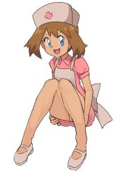 Rule 34 | 1girl, blue eyes, breasts, brown hair, cosplay, creatures (company), facing viewer, full body, game freak, hat, highres, joy (pokemon), joy (pokemon) (cosplay), knees up, looking at viewer, mary janes, may (pokemon), medium hair, nintendo, nurse, nyonn24, open mouth, panties, panty peek, pantyshot, pokemon, pokemon (anime), pokemon rse (anime), shoes, simple background, sitting, smile, solo, underwear, white background