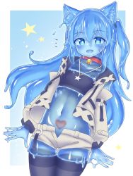 Rule 34 | 1girl, animal ears, blue eyes, blue hair, blue skin, bra, breasts, cat ears, colored skin, crop top, curss, flat chest, highres, looking at viewer, monster girl, navel, open clothes, open mouth, slime girl, small breasts, smile, solo, underwear
