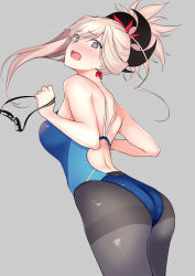 Rule 34 | 1girl, ass, asymmetrical hair, back, bare shoulders, blue eyes, blue one-piece swimsuit, blush, breasts, competition swimsuit, earrings, fate/grand order, fate (series), goggles, grey background, hair ornament, highres, hip focus, jewelry, large breasts, long hair, looking back, miyamoto musashi (fate), one-piece swimsuit, open mouth, pantyhose, pantyhose under swimsuit, pink hair, ponytail, simple background, solo, swept bangs, swimsuit, yoshiki360