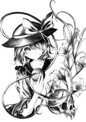Rule 34 | 1girl, blouse, bow, closed mouth, cropped torso, ely pongo, expressionless, eyeball, flower, frilled sleeves, frills, greyscale, hat, hat bow, hat ribbon, komeiji koishi, long sleeves, looking at viewer, medium hair, monochrome, ribbon, shirt, skull, solo, third eye, touhou, upper body, wavy hair, white background, wide sleeves