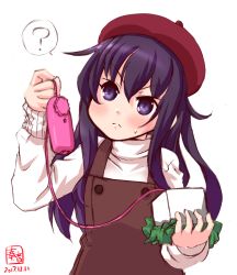 Rule 34 | 1girl, akatsuki (kancolle), alternate costume, beret, black hair, box, brown hat, commentary request, dated, hat, highres, kanon (kurogane knights), kantai collection, logo, purple eyes, sex toy, simple background, solo, sweater, upper body, vibrator, white background, white sweater