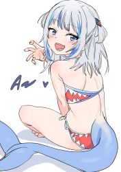 Rule 34 | 1girl, absurdres, bikini, blue eyes, blue hair, blush, dorontabi, fins, fish tail, from behind, gawr gura, hair ornament, heart, highres, hololive, hololive english, looking at viewer, looking back, medium hair, multicolored hair, open mouth, print bikini, shark print, shark tail, sharp teeth, side-tie bikini bottom, side-tie bottom, silver hair, simple background, sitting, smile, solo, streaked hair, swimsuit, tail, teeth, two side up, virtual youtuber, white background