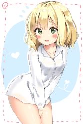 Rule 34 | 1girl, between legs, blonde hair, blush, breasts, buttons, collarbone, collared shirt, commentary request, covering privates, covering crotch, cowboy shot, dress shirt, embarrassed, gochuumon wa usagi desu ka?, green eyes, hand between legs, heart, highres, kirima syaro, long sleeves, looking at viewer, medium breasts, na na six, naked shirt, open mouth, shirt, short hair, solo, spiral, standing, thighs, two-tone background, wavy hair, wavy mouth, white shirt, wing collar