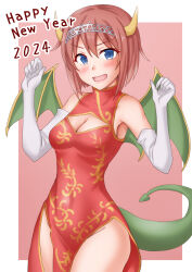 Rule 34 | 1girl, 2024, alternate costume, anti (untea9), ark royal (kancolle), blue eyes, bob cut, breasts, china dress, chinese clothes, dragon girl, dragon horns, dragon tail, dragon wings, dress, elbow gloves, gloves, hairband, happy new year, highres, horns, kantai collection, new year, open mouth, red background, red dress, red hair, short hair, small breasts, smile, solo, tail, tiara, white background, wings