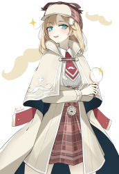 Rule 34 | 1girl, blonde hair, blue eyes, brown capelet, capelet, collared shirt, detective, hat, highres, holding, hololive, hololive english, inor2i, long sleeves, magnifying glass, mustache print, necktie, open mouth, pocket watch, red necktie, shirt, signature, simple background, solo, sparkle, teeth, upper teeth only, virtual youtuber, watch, watson amelia, watson amelia (1st costume), white background