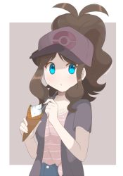 Rule 34 | 1girl, alternate costume, aqua eyes, baseball cap, border, brown hair, casteliacone, chocomiru, commentary, creatures (company), english commentary, food, food request, game freak, hat, high ponytail, hilda (pokemon), holding, ice cream, ice cream cone, long hair, looking at viewer, nintendo, outside border, poke ball print, pokemon, pokemon bw, print headwear, raised eyebrows, short sleeves, sidelocks, solo, white border