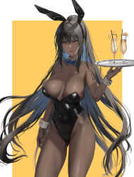 Rule 34 | 1girl, animal ears, arm at side, bare shoulders, black hair, black leotard, blue archive, blue bow, blue bowtie, border, bow, bowtie, breasts, breasts apart, closed mouth, covered navel, cup, dark-skinned female, dark skin, detached collar, drinking straw, fake animal ears, gluteal fold, hair between eyes, hand up, highleg, highleg leotard, highres, holding, holding tray, jeneral, karin (blue archive), karin (bunny) (blue archive), large breasts, leotard, long hair, looking at viewer, mixed-language commentary, number tattoo, official alternate costume, orange background, outside border, ponytail, rabbit ears, shoulder tattoo, solo, strapless, strapless leotard, tattoo, tray, two-tone background, white border, white wrist cuffs, wrist cuffs, yellow eyes