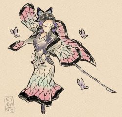 Rule 34 | 1girl, alternate costume, black hair, bug, butterfly, butterfly hair ornament, cidate, commentary, dress, english commentary, closed eyes, full body, gradient hair, hair ornament, hakama, hakama skirt, holding, holding sword, holding weapon, insect, japanese clothes, kimetsu no yaiba, kochou shinobu, long dress, long sleeves, multicolored hair, no mouth, ookami (game), parody, purple hair, short hair, skirt, sleeves past fingers, sleeves past wrists, solo, standing, style parody, sword, weapon
