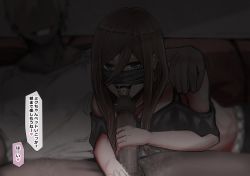 Rule 34 | 1boy, 1girl, absurdres, after fellatio, censored, cum, cum in mouth, faded, go-toubun no hanayome, highres, japanese text, lockheart4545, mask, mosaic censoring, mouth mask, nakano miku, penis, penis grab