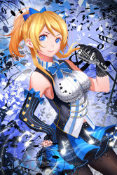 Rule 34 | 10s, 1girl, asymmetric gloves, asymmetrical gloves, ayase eli, black legwear, blonde hair, blue eyes, breasts, detached sleeves, gloves, hand on own hip, highres, looking at viewer, love live!, love live! school idol festival, love live! school idol project, microphone stand, musical note, ponytail, skirt, sleeveless, smile, solo, uneven gloves, xiaoshou xiansheng