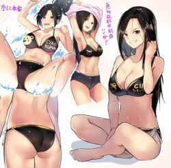 Rule 34 | 1girl, alternate costume, armpits, arms up, ass, black hair, breasts, brown eyes, cafe au lait (kafeore), cleavage, clothes writing, collarbone, commentary request, idolmaster, idolmaster cinderella girls, large breasts, long hair, looking at viewer, mukai takumi, multiple views, navel, sitting, swimsuit, translation request