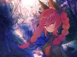 Rule 34 | 1girl, animal ears, bare tree, black bow, bow, braid, cat ears, closed mouth, fang, hair bow, highres, kaenbyou rin, kiritanpo117, long hair, looking at viewer, outdoors, red eyes, red hair, side braid, smile, solo, touhou, tree, twin braids, twintails, upper body