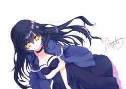 Rule 34 | 1girl, alternate art style, arm at side, black choker, black dress, black hair, black hairband, blue capelet, blush, bone hair ornament, breast hold, breasts, capelet, choker, cleavage, closed mouth, collarbone, commentary request, dress, dutch angle, eyelashes, eyes visible through hair, floating hair, frilled capelet, frilled choker, frilled dress, frills, grabbing own arm, hair between eyes, hair ornament, hairband, highres, izumi tsubasu (style), kushima kamome, large breasts, long dress, long hair, looking at viewer, signature, simple background, skull and crossbones, skull hair ornament, smile, solo, summer pockets, white background, yako amahara, yellow eyes