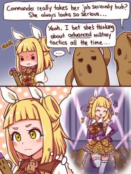 Rule 34 | ..., 1girl, :d, ^ ^, bare shoulders, beamed eighth notes, blonde hair, blue background, blunt bangs, blush stickers, brown dress, closed eyes, commentary, double bun, dress, elbow gloves, english commentary, english text, gloves, hair bun, hair ribbon, haniwa (statue), holding, holding microphone, joutouguu mayumi, microphone, musical note, open mouth, petticoat, puffy short sleeves, puffy sleeves, purple gloves, ribbon, shaded face, shirt, short dress, short hair, short sleeves, smile, speech bubble, spoken ellipsis, standing, standing on one leg, sweat, thighhighs, touhou, upper body, white ribbon, white shirt, white thighhighs, wool (miwol), yellow eyes, zettai ryouiki
