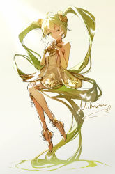 Rule 34 | 1girl, absurdly long hair, absurdres, ballet slippers, bracelet, bug, butterfly, character name, collar, commentary, dress, full body, glowing butterfly, gold trim, green eyes, green hair, hair ornament, hatsune miku, highres, insect, jewelry, long hair, looking at viewer, miku symphony (vocaloid), natsume ziana, one eye closed, own hands together, sidelighting, sitting, smile, solo, thighhighs, twintails, very long hair, vocaloid, white dress, white thighhighs
